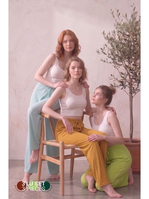 Farya Home 3lü Set Yüksek Bel Bol Paça Şeritli Kaşkorse Pijama Altı