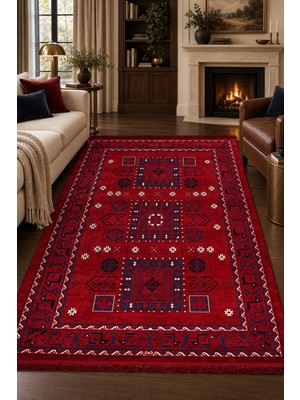 Ally Carpet Baruni Azhar Kırmızı Etnik Desenli Geleneksel Oturma Odası Salon Halısı Robot Süpürgeye Uyumlu Kolay