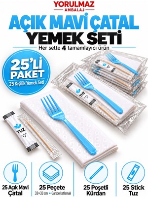 Yorulmaz Ambalaj Lüks Açık Mavi Çatal Yemek Seti 25 Kişilik – 33×33 cm Garson Katlamalı Peçete, Poşetli Kürdan ve Stick Tuz