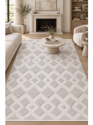 Ally Carpet Kehrib Vadi Beyaz Bej Özel Ölçü Oturma Odası Koridor Yatak Odası Halısı Robot Süpürge Uyumlu Kolay T