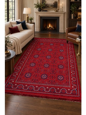 Ally Carpet Baruni Azhar Kırmızı Etnik Desenli Oturma Odası Salon Robot Süpürge Uyumlu Geleneksel Motifli Kolay