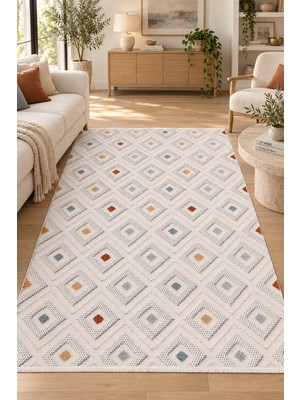 Ally Carpet Kehrib Vadi Dekoratif Halı Beyaz Turuncu Mavi Oturma Odası Koridor Yatak Odası Robot Süpürge Uyumlu