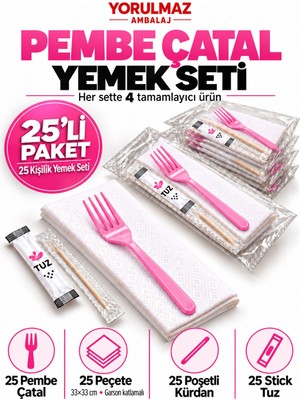 Yorulmaz Ambalaj Lüks Pembe Çatal Yemek Seti 25 Kişilik – 33×33 cm Garson Katlamalı Peçete, Poşetli Kürdan ve Stick Tuz