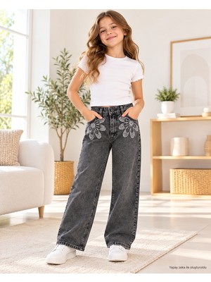 Tace Kids Kız Çocuk Çiçek Taş Detaylı Antrasit Wide Leg Jean Pantolon