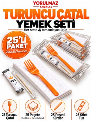 Yorulmaz Ambalaj Lüks Turuncu Çatal Yemek Seti 25 Kişilik – 33×33 cm Garson Katlamalı Peçete, Poşetli Kürdan ve Stick Tuz