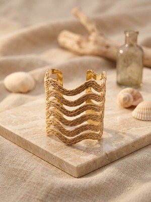 Valanti Art Vıp Kahverengi Hasır Doku Gold Kaplama Kelepçe Bileklik