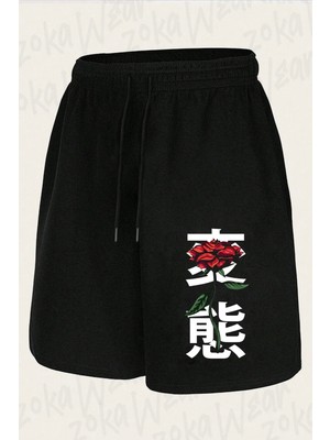 Zoka Wear Unisex Japon Alfabesi ve Çiçek Tasarım Baskılı Şort