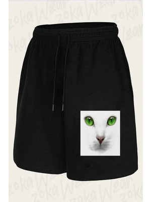 Zoka Wear Unisex Yeşil Gözlü Kedi Tasarım Baskılı Şort