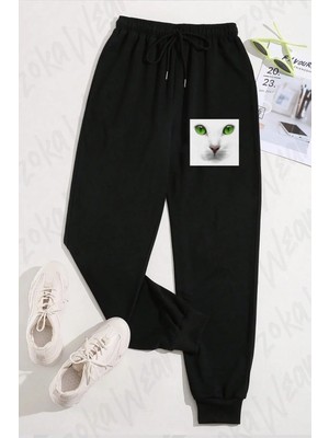 Zoka Wear Unisex Yeşil Gözlü Kedi Baskılı Eşofman Altı