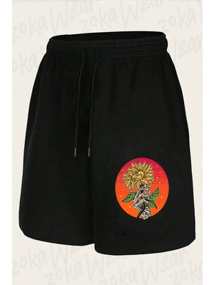 Zoka Wear Unisex Ay Çiçeği Iskelet Tasarım Baskılı Şort