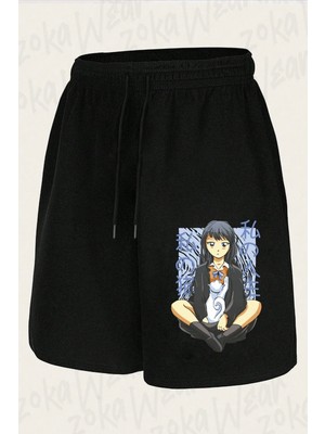 Zoka Wear Unisex Japon Çizim Genç Kız ve Evcil Kedisi Tasarım Baskılı Şort