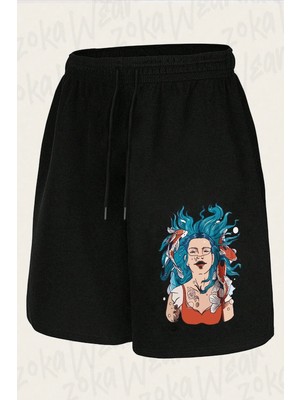 Zoka Wear Unisex Deniz Kızı Balık Kadın Tasarım Baskılı Şort