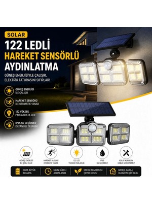 Sylar 3'lü 122 Ledli Güneş Enerjili Hareket Sensörlü Aydınlatma, Dış Mekan Duvar ve Bahçe Lambası Solar LED