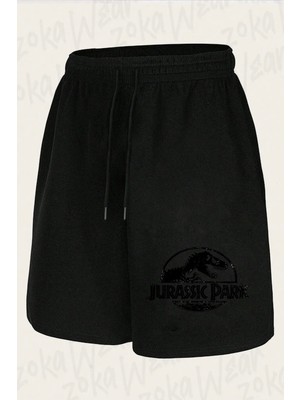 Zoka Wear Unisex Jurassic Park Distressed Black Tasarım Baskılı Şort