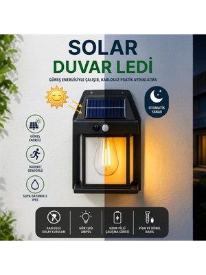 Sylar Ampul Model 3 Modlu Solar LED Duvar Lambası, Güneş Enerjili, Şarjlı Kablosuz Dış Mekân Apliği, Bahçe ve Kapı Lambası