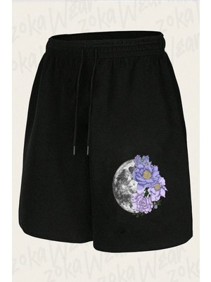 Zoka Wear Unisex Moon Abloom In Lavendar And Periwinkle Tasarım Baskılı Şort