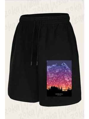 Zoka Wear Unisex Edinburgh Skyline Map Tasarım Baskılı Şort