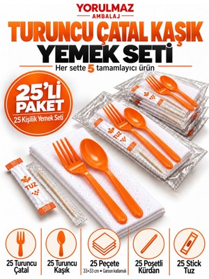 Yorulmaz Ambalaj Lüks Turuncu Çatal Kaşık Yemek Seti 25 Kişilik – 33×33 cm Garson Katlamalı Peçete, Poşetli Kürdan ve Stick Tuz