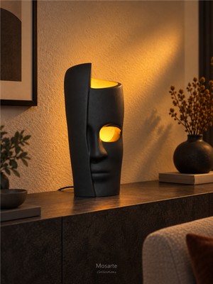 Mosarte Yarım Yüz Form Dekoratif Masa Lambası Heykelsi Amber LED  – El Yapımı, 30 cm - Siyah Renk