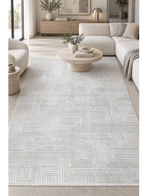 Ally Carpet Avisya Ulıma Beyaz Gri Özel Ölçü Salon Oturma Odası Koridor Halısı Akrilik Robot Süpürge Uyumlu Kola