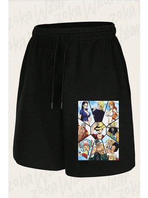 Zoka Wear Unisex One Piece Hasır Şapka Korsanları Karakter Tasarım Baskılı Şort