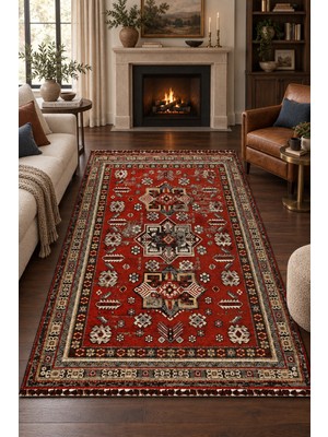 Ally Carpet Gahane Efnan Kırmızı Nostaljik Kilim Oturma Odası Salon Robot Süpürge Uyumlu Saçaklı Kolay Temizlene
