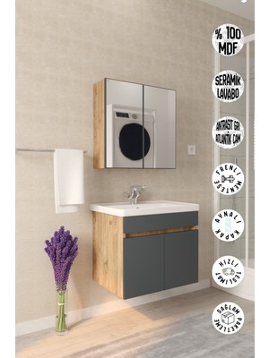 Septemius Tokyo 65 cm Banyo Dolabı Takımı Aynalı Mdf Gövde Seramik Lavabolu
