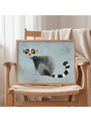 Domirus Mavi Zeminli Lemur Çocuk Odası Posteri Ahşap Çerçeveli Tablo Duvar Dekorasyonu