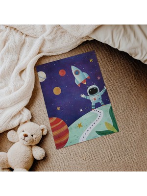 Domirus Roketli Küçük Astronot Çocuk Odası Posteri Çerçevesiz Poster Duvar Dekorasyonu