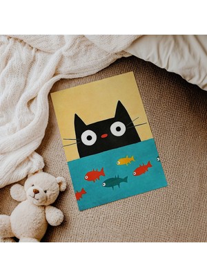 Domirus Balıkları Izleyen Kedi Çocuk Odası Posteri Çerçevesiz Poster Duvar Dekorasyonu