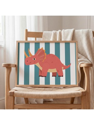 Domirus Boynuzlu Pembe Dinozor Çocuk Odası Posteri Ahşap Çerçeveli Tablo Duvar Dekorasyonu