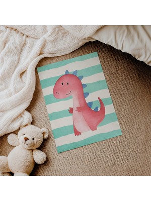 Domirus Çizgili Pembe Dinozor Çocuk Odası Posteri Çerçevesiz Poster Duvar Dekorasyonu