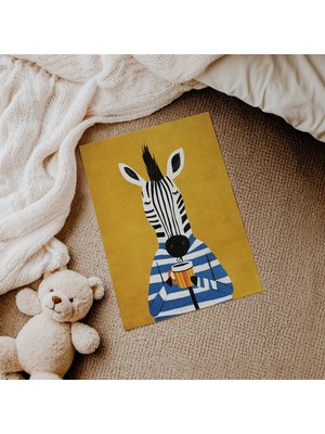 Domirus Pipetli Çizgili Zebra Çocuk Odası Posteri Çerçevesiz Poster Duvar Dekorasyonu