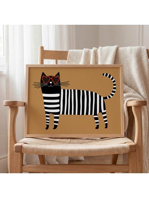 Domirus Zebra Desenli Kedi Çocuk Odası Posteri Ahşap Çerçeveli Tablo Duvar Dekorasyonu
