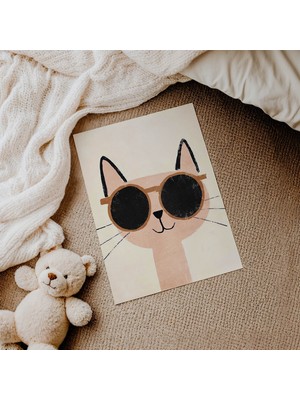 Domirus Gözlüklü Kedi Yüzü Çocuk Odası Posteri Çerçevesiz Poster Duvar Dekorasyonu