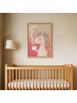 Domirus Kupalı Pembe Unicorn Çocuk Odası Posteri Ahşap Çerçeveli Tablo Duvar Dekorasyonu