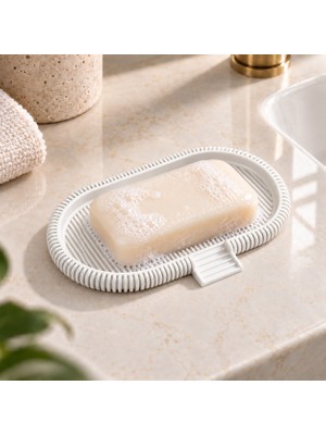 Basart Dekoratif Sabunluk – Modern Ribbed Tasarım, Süzgeçli Banyo Sabunluk, Beyaz
