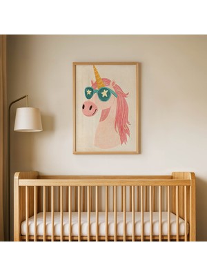 Domirus Yıldız Gözlüklü Unicorn Çocuk Odası Posteri Ahşap Çerçeveli Tablo Duvar Dekorasyonu