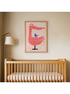 Domirus Pembe Zeminli Pelikan Çocuk Odası Posteri Ahşap Çerçeveli Tablo Duvar Dekorasyonu