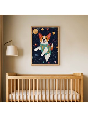 Domirus Astronot Sevimli Köpek Çocuk Odası Posteri Ahşap Çerçeveli Tablo Duvar Dekorasyonu