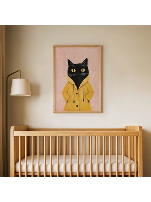 Domirus Yağmurluklu Siyah Kedi Çocuk Odası Posteri Ahşap Çerçeveli Tablo Duvar Dekorasyonu