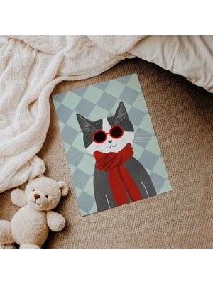 Domirus Kırmızı Atkılı Kedi Çocuk Odası Posteri Çerçevesiz Poster Duvar Dekorasyonu