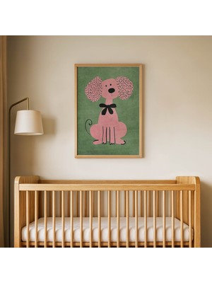 Domirus Fiyonklu Pembe Köpek Çocuk Odası Posteri Ahşap Çerçeveli Tablo Duvar Dekorasyonu