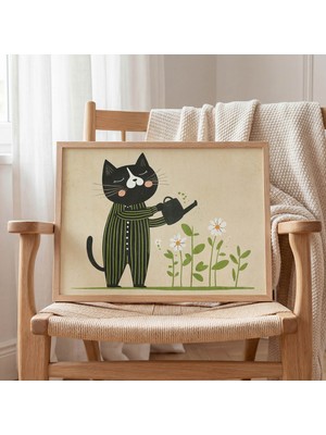 Domirus Bahçedeki Kedi Çocuk Odası Posteri Ahşap Çerçeveli Tablo Duvar Dekorasyonu