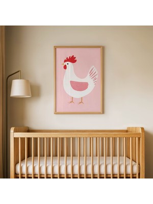 Domirus Pembe Zeminli Tavuk Çocuk Odası Posteri Ahşap Çerçeveli Tablo Duvar Dekorasyonu
