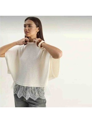Qu style Oversize Eteği Dantelli Mevsimlik Panço Bluz