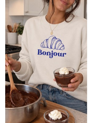 Monila Kadın Premium Kumaş 3 Iplik Şardonlu Kruvasan Baskılı Sweatshirt