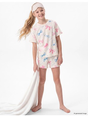 Lc Waikiki Yeni Sezon Ekru Baskılı Kız Çocuk Şortlu Pijama Takımı