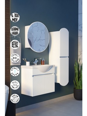 Septemius Erciyes 65 cm Mdf Banyo Dolabı Seramik Lavabolu Oval Aynalı Havlu Dolaplı Modern Banyo Dolabı