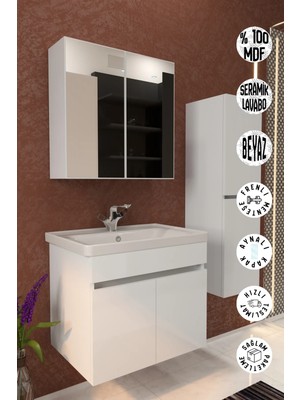 Septemius Tokyo 65 cm Havlu Dolaplı Aynalı Banyo Dolabı Takımı Seramik Lavabolu Mdf